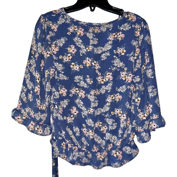 Sienna Sky Women’s Small Blue Floral Cross Tie 3/4 Sleeve Ruffle Waist Top - Picture 3 of 5